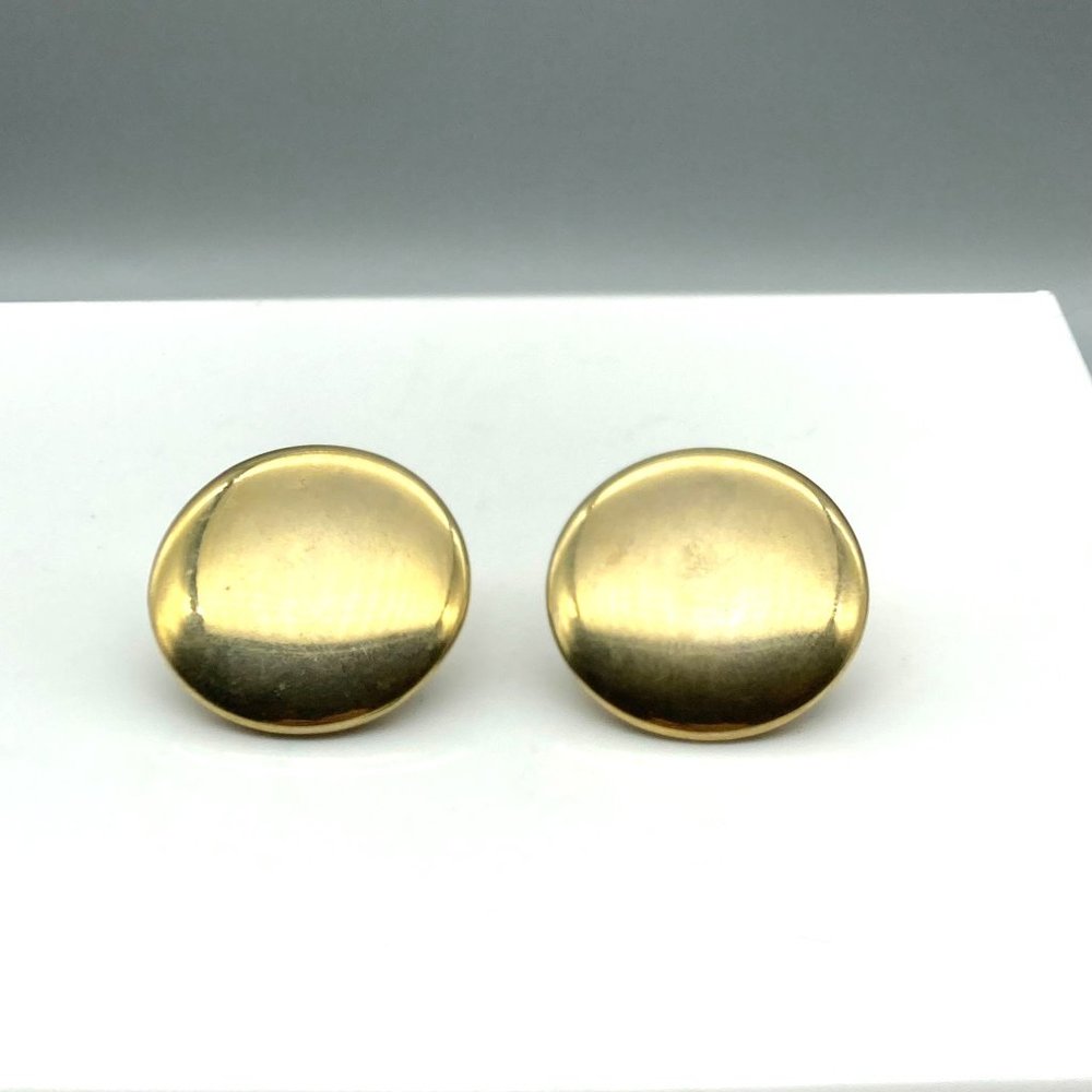 Vintage Puffy Golden Circle Earrings, Shiny Gold Tone Minimalist Clip Ons